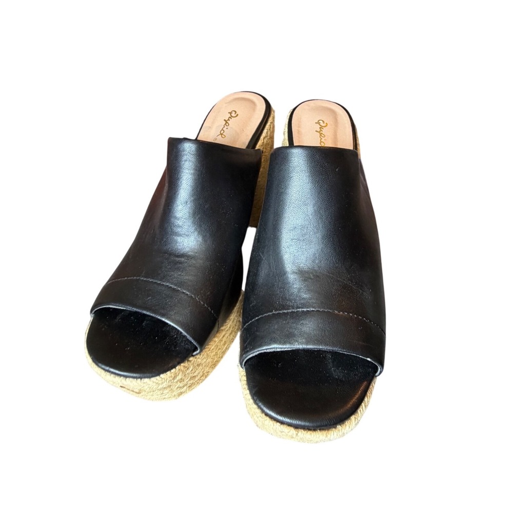 Qupid Black Faux Leather Espadrille Platform Mule Sandals Peep Toe Block Heel 10 - Picture 2 of 8